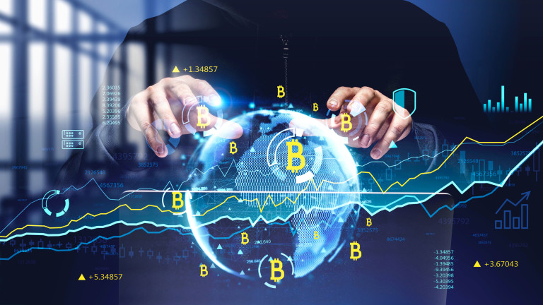 Front view of hacker in virtual office room stealing information. Internet, innovation and cyber attack concept. Cryptocurrency and bitcoin decentralized economy. Double exposure